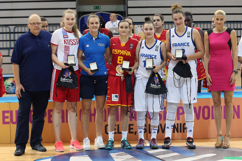 De gauche à droite : Raisa MUSINA, Francesca PAN, Angela SALVADORES (MVP), Lisa BERKANI et Alexia CHARTEREAU (Photo FIBA)