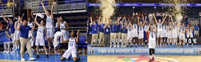 Les deux images retenues par Myriam : la solidarité du banc et la joie immense de la plus haute marche du podium (photo FIBA)